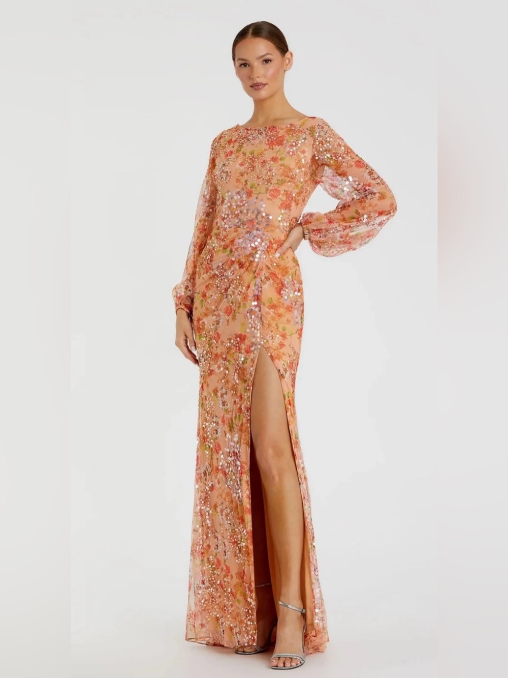 Mac Duggal Peach Floral Sequin Long Sleeve Gown with High Slit Sz 28
